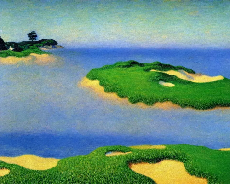 Image similar to achingly beautiful painting of pacific dunes course by rene magritte, monet, and turner.