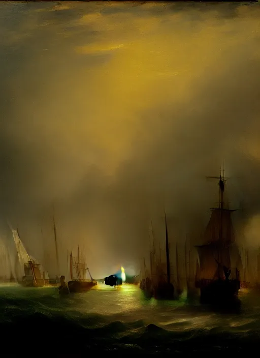 Prompt: an extremely detailed masterpiece of the sailing vessel bonhomme richard with canons discharging in early evening, in the style of j. m. w turner, epic scene, extremely moody lighting, glowing light and shadow, atmospheric, shadowy, cinematic, 4 k