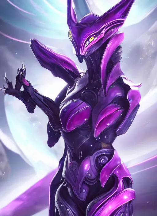 Image similar to cinematic close shot, galactic sized goddess, proportional stunning beautiful hot female warframe, sleek mecha female dragon head, metal ears, led purple eyes, smooth fuschia skin, sleek silver armor, floating in space, holding a galaxy, epic proportions, epic size, epic scale, furry art, dragon art, giantess art, warframe fanart, furaffinity, octane