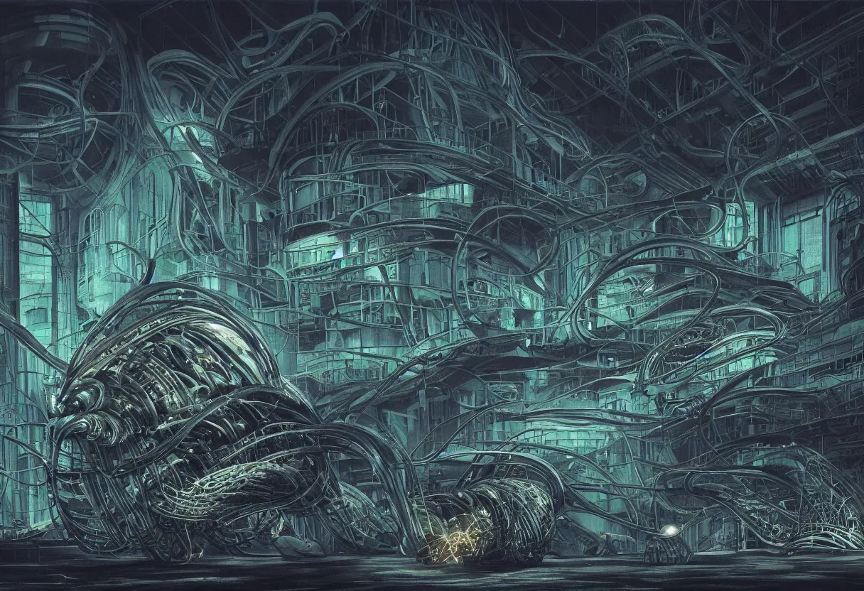 Prompt: a giant nudibranch in the foreground in front of a massive brutalist nuclear plant, flat panels, glowing windows, subdued colors, biomechanical, biopunk, pitch black, low key, dark, gloomy, hazy, spotlights, leds, dramatic lighting, watch tower, helicopter, vignette, art by hr giger, digital art