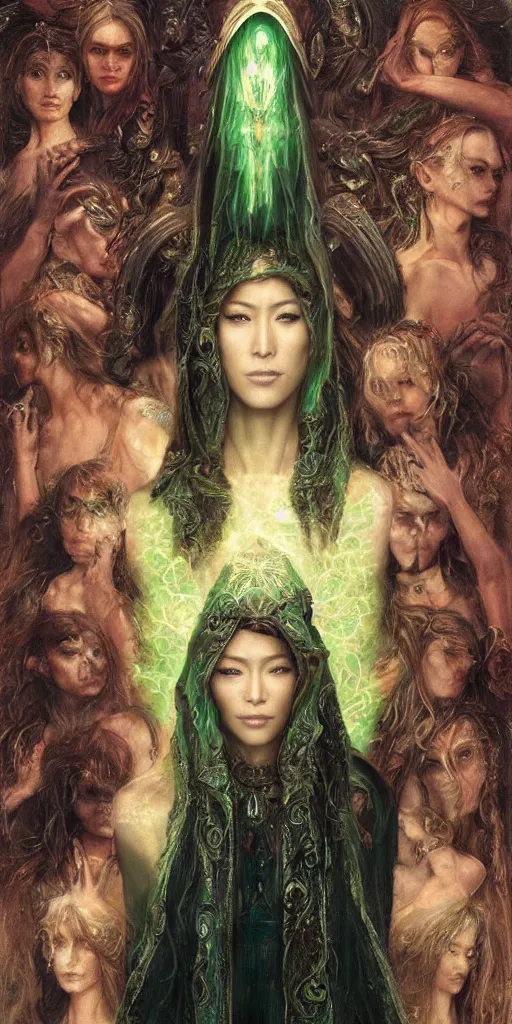 Prompt: epic masterpiece portrait of priestess played by dichen lachman, followed by head with many souls, beautiful face and flawless skin, perfect hands, emeralds by Edgar Maxence and Ross Tran and Michael Whelan