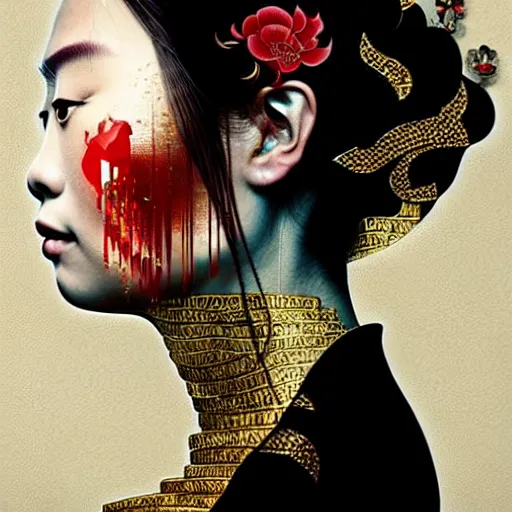 Image similar to portrait and side profile of a chinese woman :: side profile :: in ocean :: clockwork details :: gold :: blood and horror :: by vikings and Sandra Chevrier