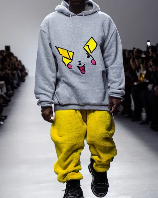 Image similar to hyperrealistic and heavy detailed 2321s Yeezy runway show of Pikachu , Leica SL2 50mm, vivid color, high quality, high textured