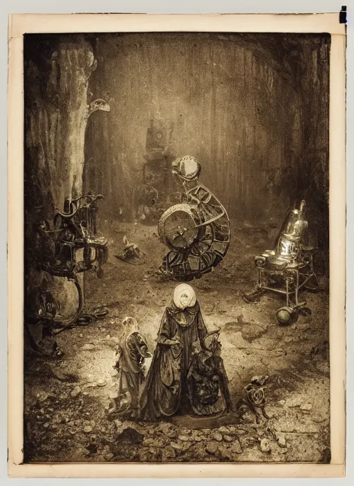 Image similar to old wetplate daguerreotype birth of artificial life, fractal, intricate, elegant, highly detailed, parallax, leica, medium format, subsurface scattering, by jheronimus bosch and greg rutkowski and louis jacques mande daguerre