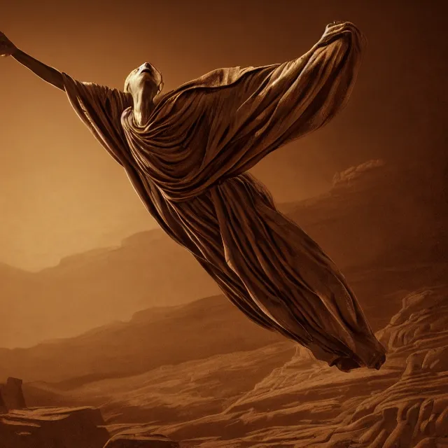 Prompt: photorealistic sepia painting of a flying mummy in a power pose, nabatean writing on the bones, atmospheric lighting, brooding, painted, intricate, ultra detailed, well composed, best on artstation, cgsociety, epic, horror, stunning, gorgeous, intricate detail, much wow, masterpiece, cinematic aesthetic octane render, 8 k hd resolution,