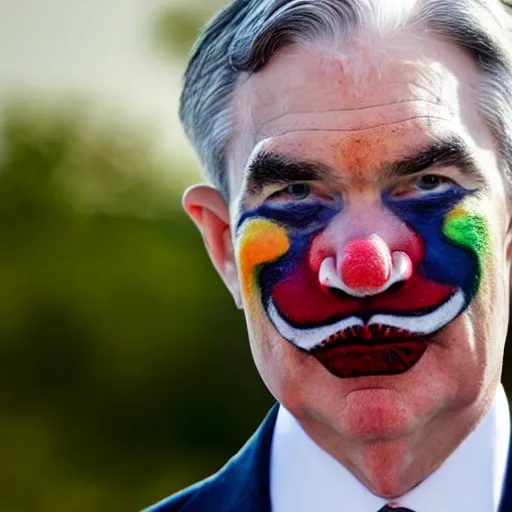 Prompt: Jerome Powell with colorful clown makeup all over his face whiteface