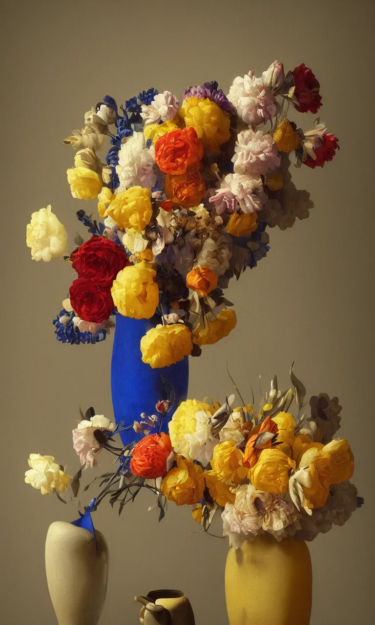 Prompt: still life of a big vase of flowers painted by Johannes Vermeer, vivid colors, high details, cinematic, 8k resolution, beautiful detailed, photorealistic, digital painting, artstation, concept art, smooth, sharp focus, illustration, fantasy background, artstation trending, octane render, unreal engine