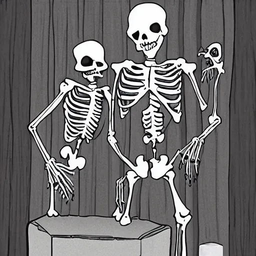 Image similar to a skeleton and a zombie getting married in a house at dawn