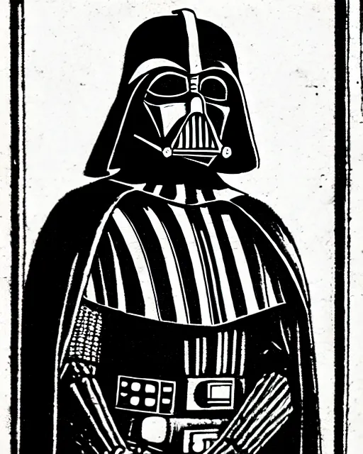 Prompt: b & w woodcut portrait of medieval darth vader from the nuremberg chronicle, 1 4 9 3, restored, hq scan