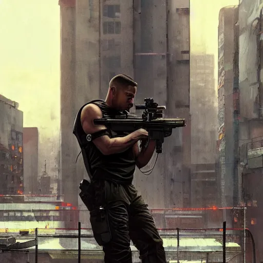 Image similar to A broad shouldered, muscular man wearing Acronym p-31 Ds pants and Sleeveless shirt and Nike Acronym presto sneakers, rooftop, sniper rifle stationed in background, Police sirens shining in far background, high quality, digital art, dirty cyberpunk city, rain, greg rutkowski