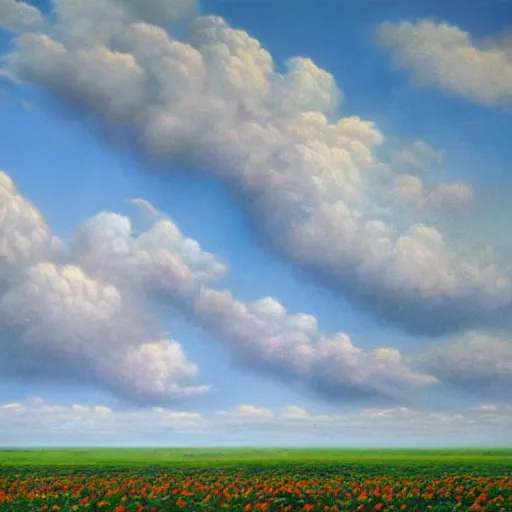 Image similar to ultra realistic painting of a cloudy sky over a field of alien plants, vegetables and flowers, 8 k