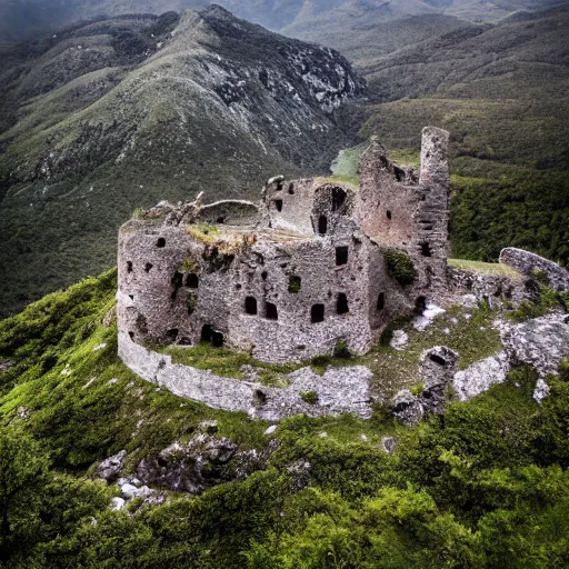 Image similar to photograph, a ruined castle on top of a big mountain, the photo was taken from very far away below the castke looking up at it, there are no other mountains around it, there is only sky in the background, day time, ambient lighting, exteme far up, ultra high detail, 8 k