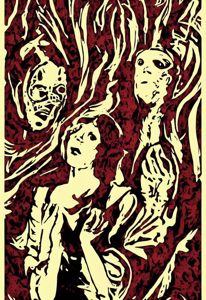 Prompt: Art nouveau slasher portrait horror movie poster