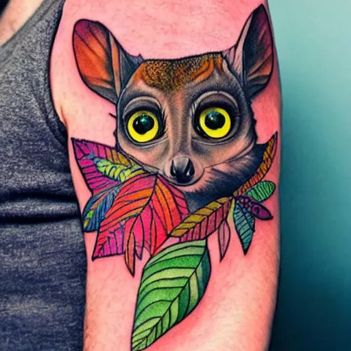 Image similar to shoulder tattoo of a multicolored trippy furry cute bushbaby, eyes are colorful spirals, surrounded with colorful marihuana leaves, insanely integrate