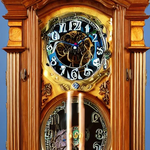 Image similar to a psychedelic grandfather clock, photo, highly detailed