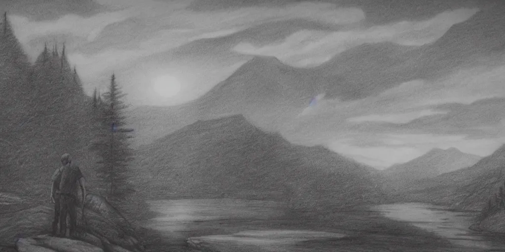 Image similar to A majestic landscape featuring a river, mountains and a forest. There is an old man standing, wearing a backpack and staring at the sunset. Cinematic, very beautiful, pencil drawing