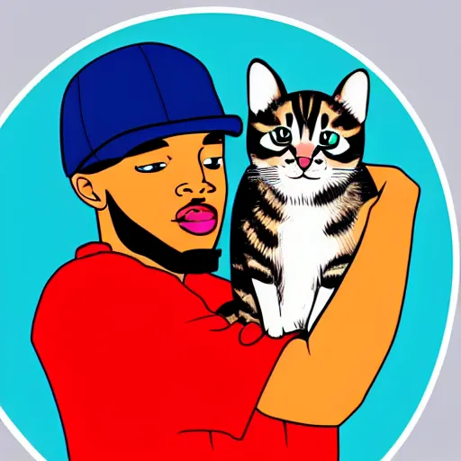 Image similar to storybook illustration of a rapper in 1 9 9 0 new york holding a kitten up to the camera, storybook illustration, monochromatic