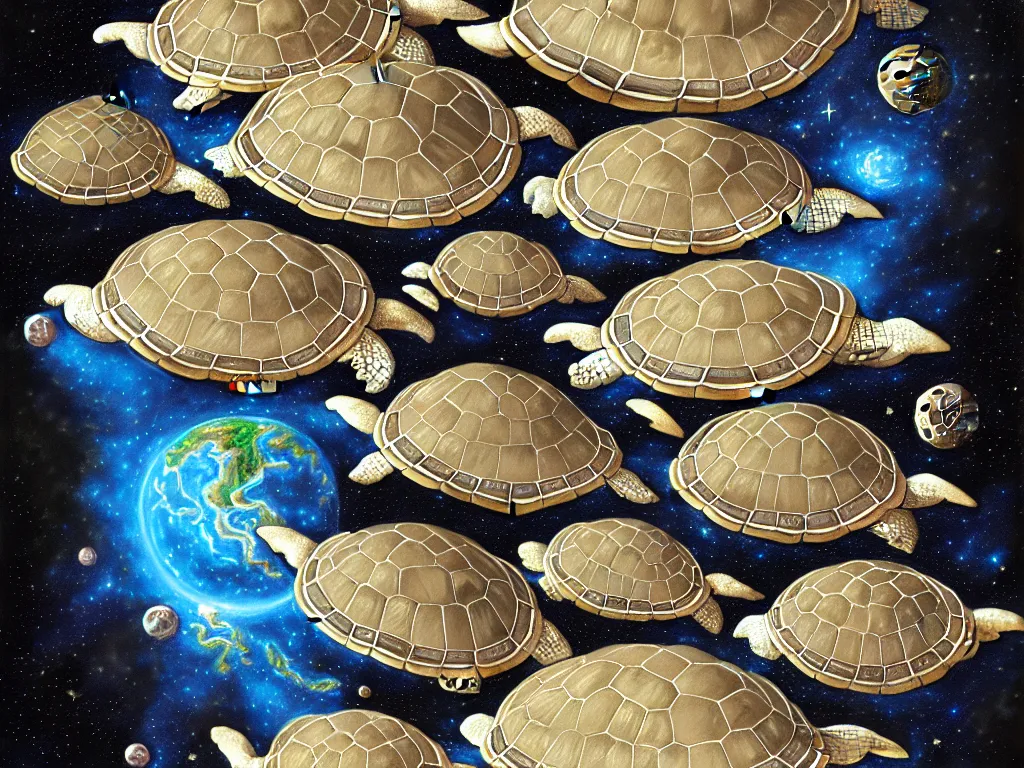 Image similar to portrait of a stack of celestial turtles with the flat earth on the back of the top one, white and gold scales, fantasy, intricate, highly detailed, digital painting, artstation, concept art, smooth and sharp focus