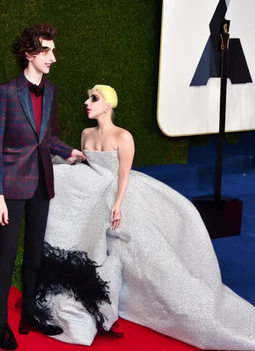 Image similar to timothee chalamet with lady gaga on a red carpet, canon, highly realistic. lady gaga, high resolution. highly detailed 8 k. 4 k.