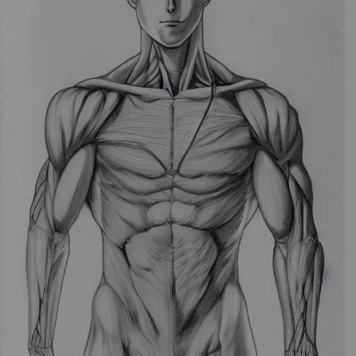 Image similar to anatomical drawing of saitama, medical illustration with labelling, one punch man anime, highly detailed
