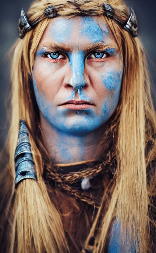 Image similar to photorealistic head and shoulders portrait of female viking warrior with large sad blue eyes, damaged, cinematic, anamorphic