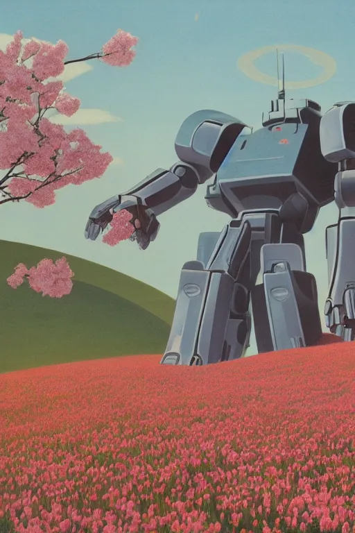 Prompt: giant mecha robot with laser, blooming hills with spring flowers and pillars by helen lundeberg