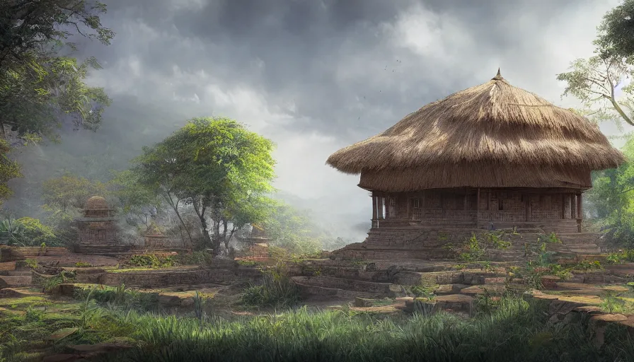 Image similar to matte painting of a beautiful dvaravati village, digital art, trending on artstation