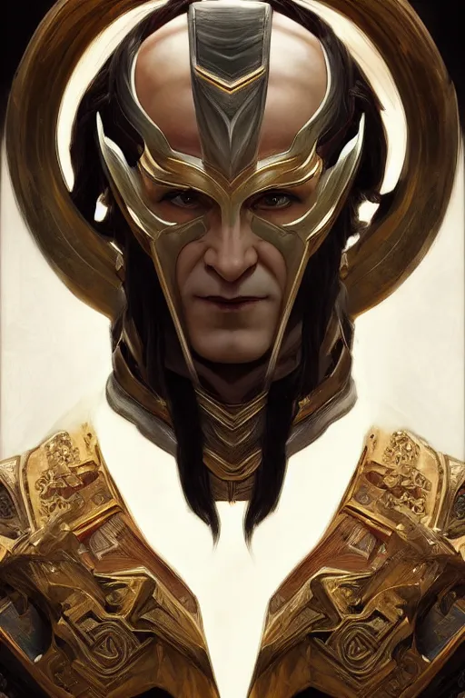 Image similar to symmetry!! portrait of loki in the style of god of war, machine parts embedded into face, intricate, elegant, highly detailed, digital painting, artstation, concept art, smooth, sharp focus, illustration, art by artgerm and greg rutkowski and alphonse mucha, 8 k