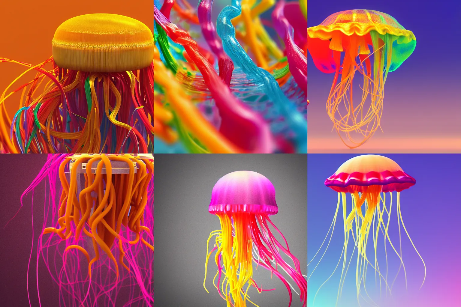 Prompt: jellyfish made out of colorful spaghetti, octane render, rendered in cycles, tilt-shift photography