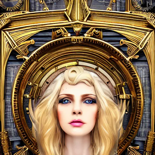 Image similar to a pretty blond steampunk seraphim in the middle of a machine city, perfect symmetrical face, cute face, 8 k, shallow depth of field, 8 k, ultra high detail, concept art, w 1 0 2 4