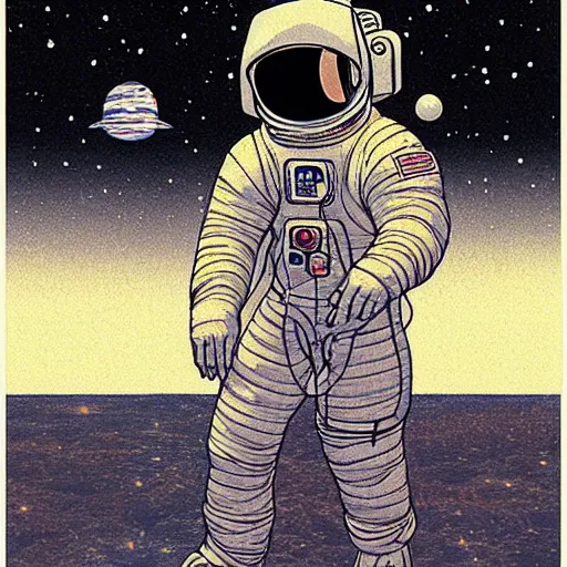 Prompt: An astronaut in space, in the style of kawase hasui