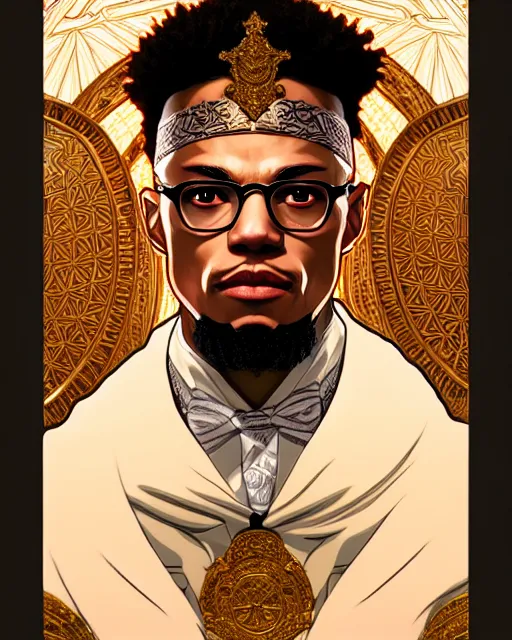 Image similar to symmetry!!!!!! beautiful malcolm x anime summer speaker close portrait, wearing ornate clothing, ultra detailed, elegant, intricate, anime, dynamic lighting, dnd, glowing lights, digital art, digital painting, artstation, wlop, sharp focus, illustration, art by artgerm and greg rutkowski and alphonse mucha, 8 k