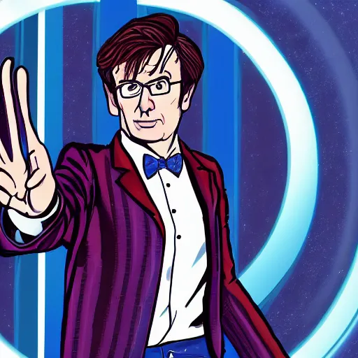 Image similar to An illustration of The Tenth Doctor stepping out of the Tardis, high definition, 4k, sharp focus