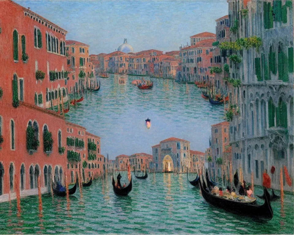 Prompt: the grand canal in venice featuring floating lanterns and hanging flower baskets, at night by hopper and monet. enchanting, detailed, romantic.