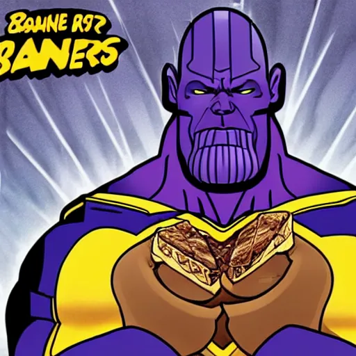 Image similar to Thanos breaks a snickers bar with a sly smile