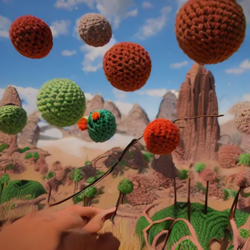 Image similar to epic comic book style painting of crocheted world, unreal 5, render