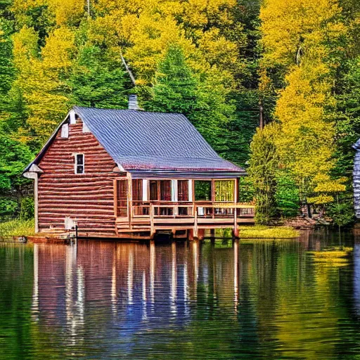 Image similar to Photograph of a cabin by a lake in the style of Thomas Kincaid