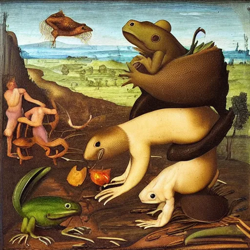 Image similar to “ beaver eating a frog, renaissance painting ”