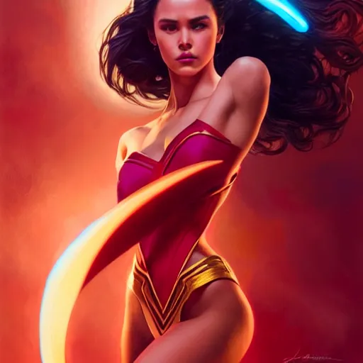 Image similar to catriona gray as darna, volumetric lights, red and cyan theme, art nouveau botanicals, intricate, highly detailed, digital painting, artstation, concept art, smooth, sharp focus, cinematic, illustration, beautiful face, art by artgerm and greg rutkowski and alphonse mucha