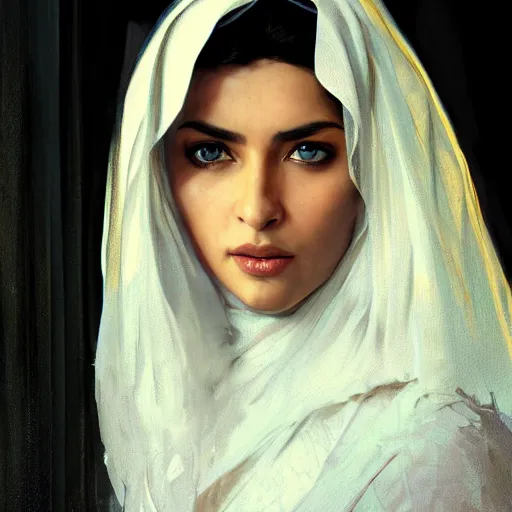 Image similar to a Photorealistic dramatic hyperrealistic render of an arab ameera al taweel, blue eyes, black hair, white veil,by WLOP,Artgerm,Greg Rutkowski,Alphonse Mucha, Beautiful dynamic dramatic dark moody lighting,shadows,cinematic atmosphere,Artstation,concept design art,Octane render,8K