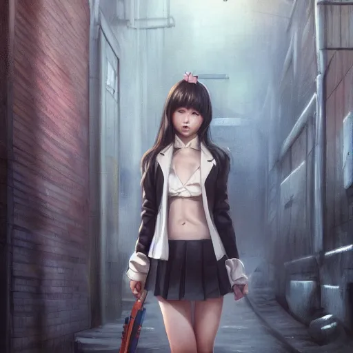 Image similar to a perfect, realistic professional oil painting of a Japanese schoolgirl posing in a dystopian alleyway, style of Marvel, full length, by a professional American senior artist on ArtStation, a high-quality hollywood-style concept