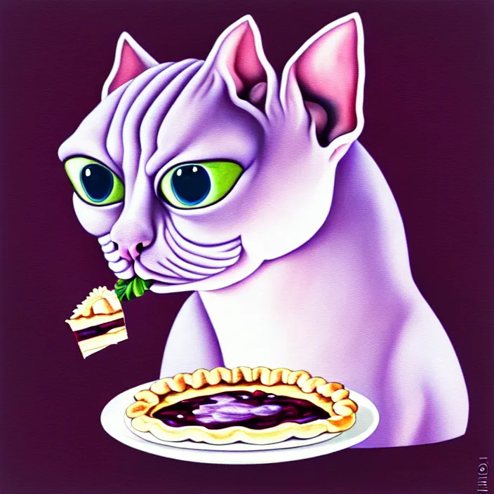 Image similar to a spherical anthropomorphic sphynx cat fursona with big eyes eating a slice of blueberry pie, round, fat, furry art, cute, oil on canvas, soft lighting