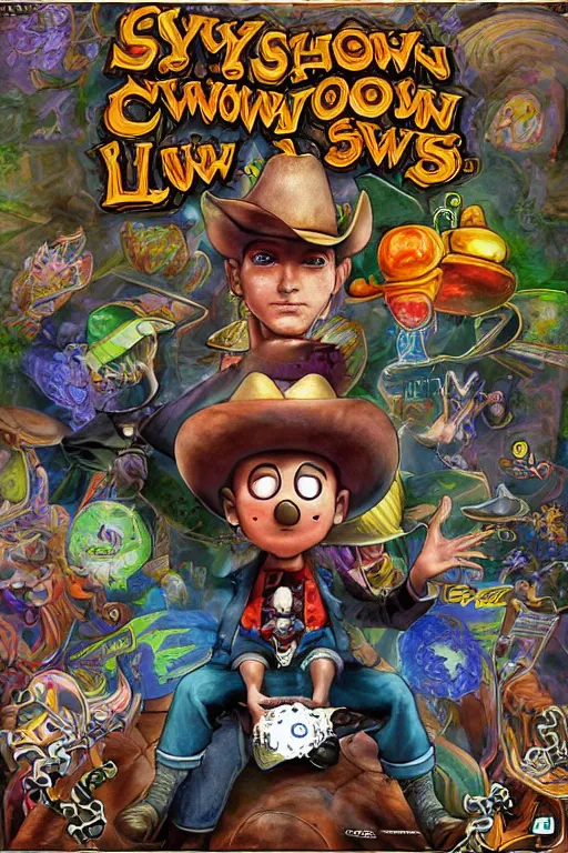 Prompt: “ a scan of the cover of a playstation 2 game titled ‘ hypnocowboy : mushroom law ’ ”