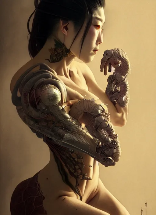 Image similar to organic Japanese Yakuza cyborg, diffuse lighting, fantasy, intricate, elegant, highly detailed, lifelike, photorealistic, digital painting, artstation, illustration, concept art, smooth, sharp focus, art by John Collier and Albert Aublet and Krenz Cushart and Artem Demura and Alphonse Mucha