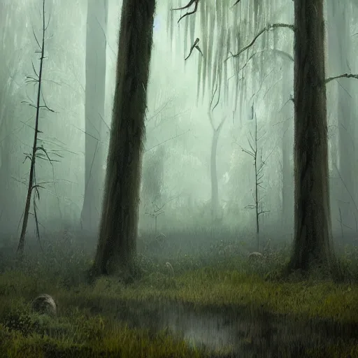 Prompt: artistic swamp with mystic fog, vegetation, few trees, from horror movies, artstation