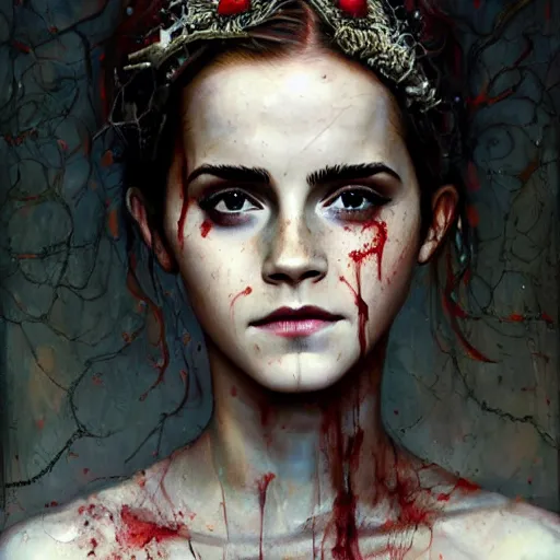 Image similar to emma watson expressive oil painting, of helena bonham carter mixed with sophia lauren, bumpy mottled skin full of blood and scars, ornate headpiece made from crystals, cables and wires, body horror, by yoshitaka amano, by greg rutkowski, by jeremyg lipkinng, by artgerm, digital art, octane render