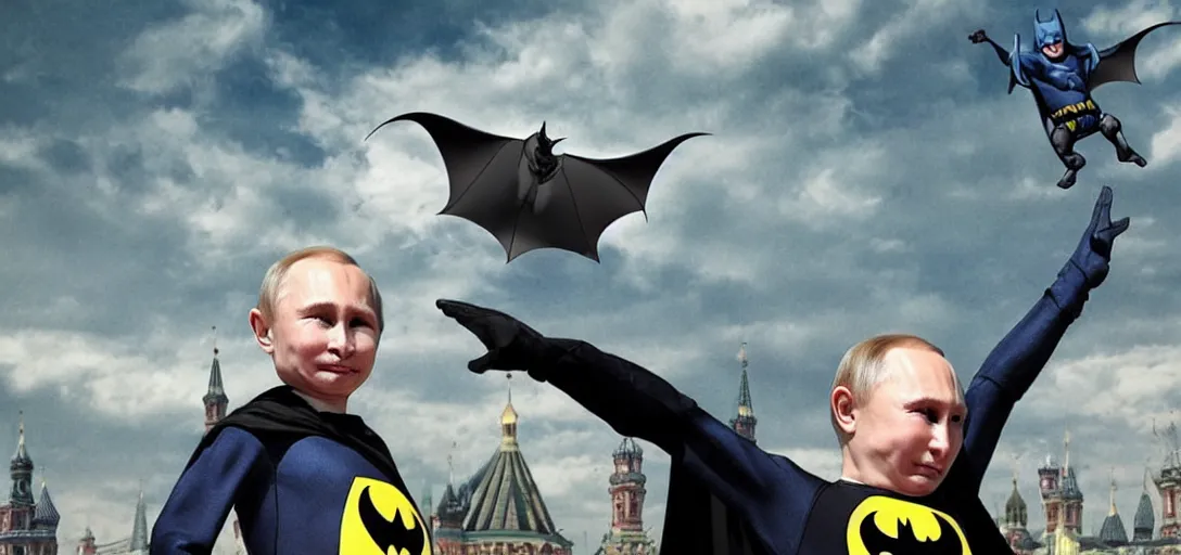 Prompt: putin child of batman, flying in sky