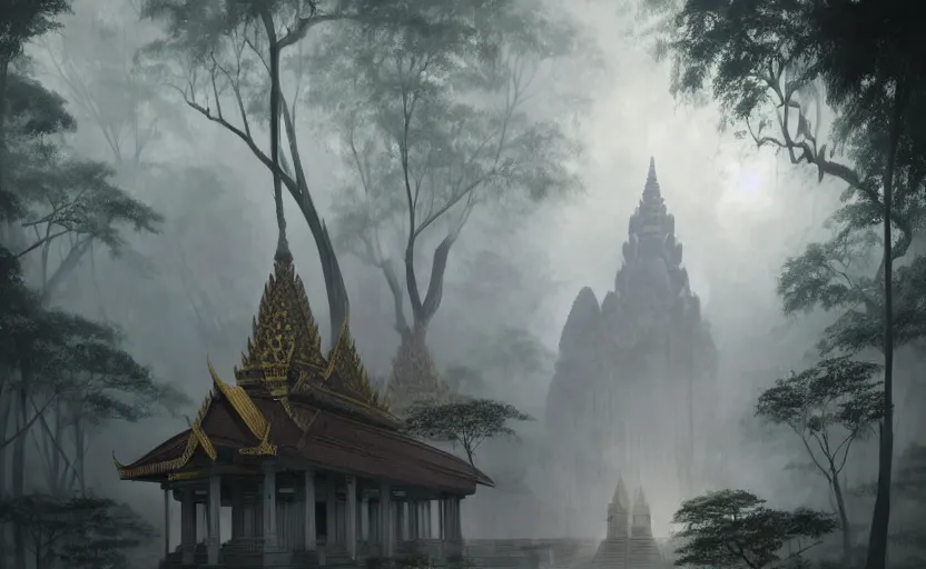 Prompt: khmer temple in a dark thick jungle, soft grey and blue natural light, intricate, digital painting, artstation, concept art, smooth, sharp focus, illustration, art by greg rutkowski and luis rollo and uang guangjian and gil elvgren, symmetry!
