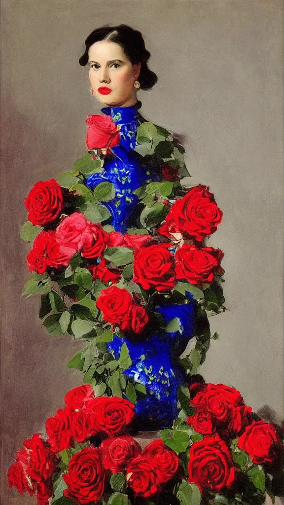 Image similar to portrait of rebekah delrio in lynch pattern, big persian detailed pot of red roses, blue and red lights painted by john singer sargent