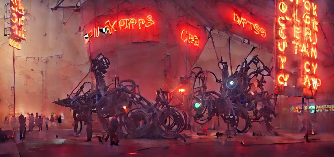 Prompt: close - up of old cyborgs exploring small town cyperpunk amusement, neon food signs, ancient big top circus tent, highly detailed, nightmare, japan, digital painting, concept art, matte, art by ruan jia and wlop and greg rutkowski and makoto shinkai, masterpiece